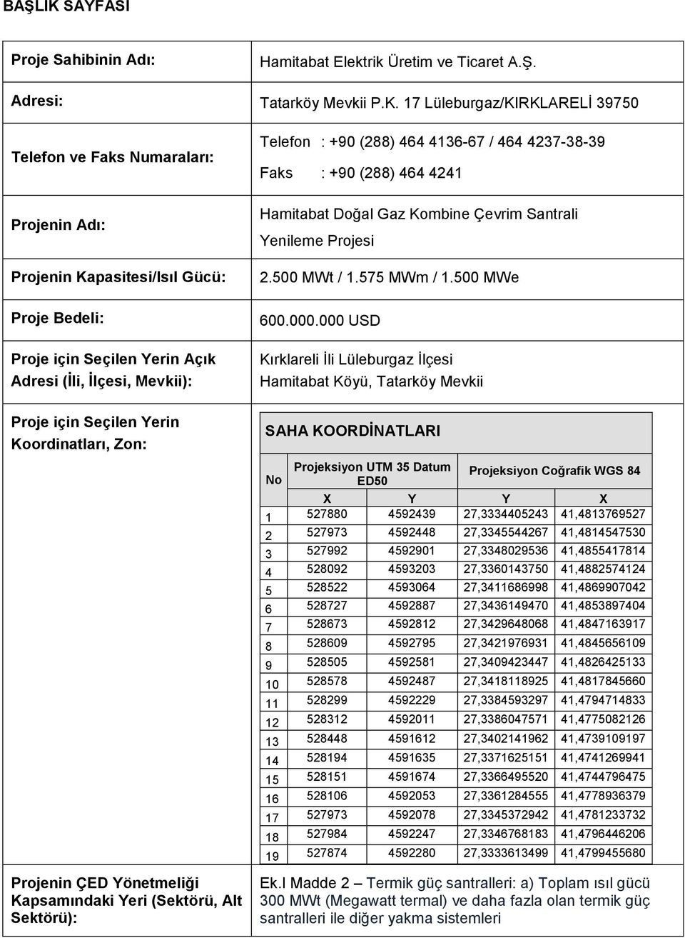 17 Lüleburgaz/KIRKLARELİ 39750 Telefon ve Faks Numaraları: Projenin Adı: Projenin Kapasitesi/Isıl Gücü: Proje Bedeli: Proje için Seçilen Yerin Açık Adresi (İli, İlçesi, Mevkii): Proje için Seçilen