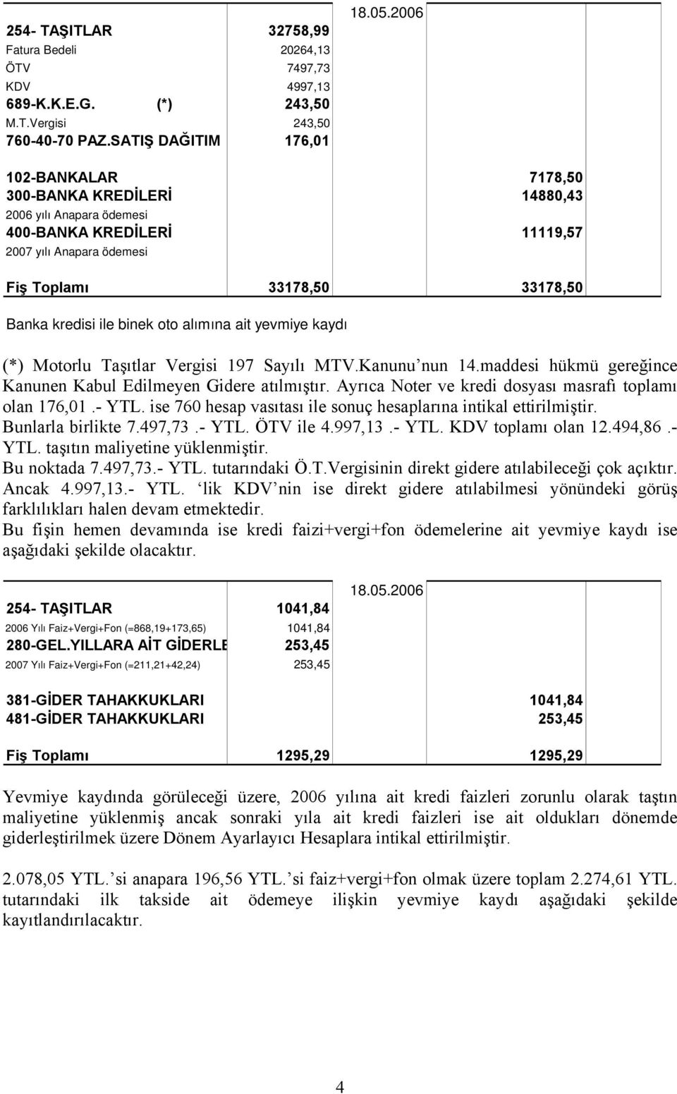 alımına ait yevmiye kaydı (*) Motorlu Taşıtlar Vergisi 197 Sayılı MTV.Kanunu nun 14.maddesi hükmü gereğince Kanunen Kabul Edilmeyen Gidere atılmıştır.