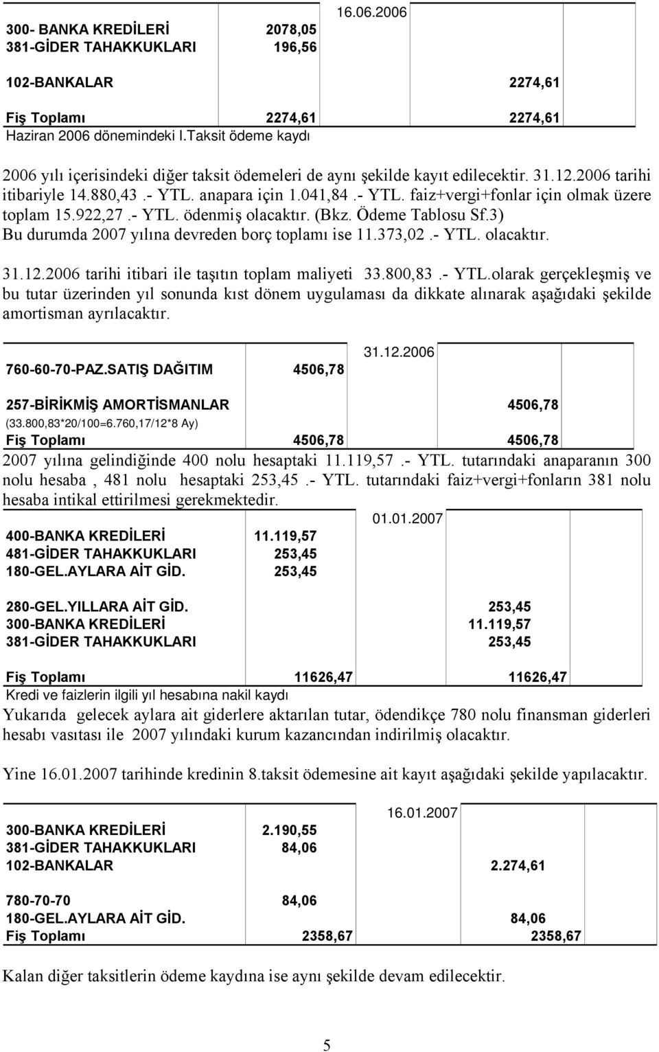 922,27.- YTL. ödenmiş olacaktır. (Bkz. Ödeme Tablosu Sf.3) Bu durumda 2007 yılına devreden borç toplamı ise 11.373,02.- YTL. olacaktır. 31.12.2006 tarihi itibari ile taşıtın toplam maliyeti 33.800,83.