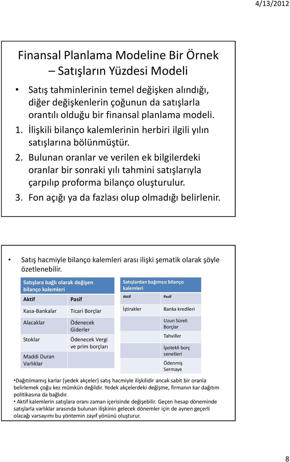 Bulunan oranlar ve verilen ek bilgilerdeki oranlar bir sonraki yılı tahmini satışlarıyla çarpılıp proforma bilanço oluşturulur. 3. Fon açığı ya da fazlası olup olmadığı belirlenir.