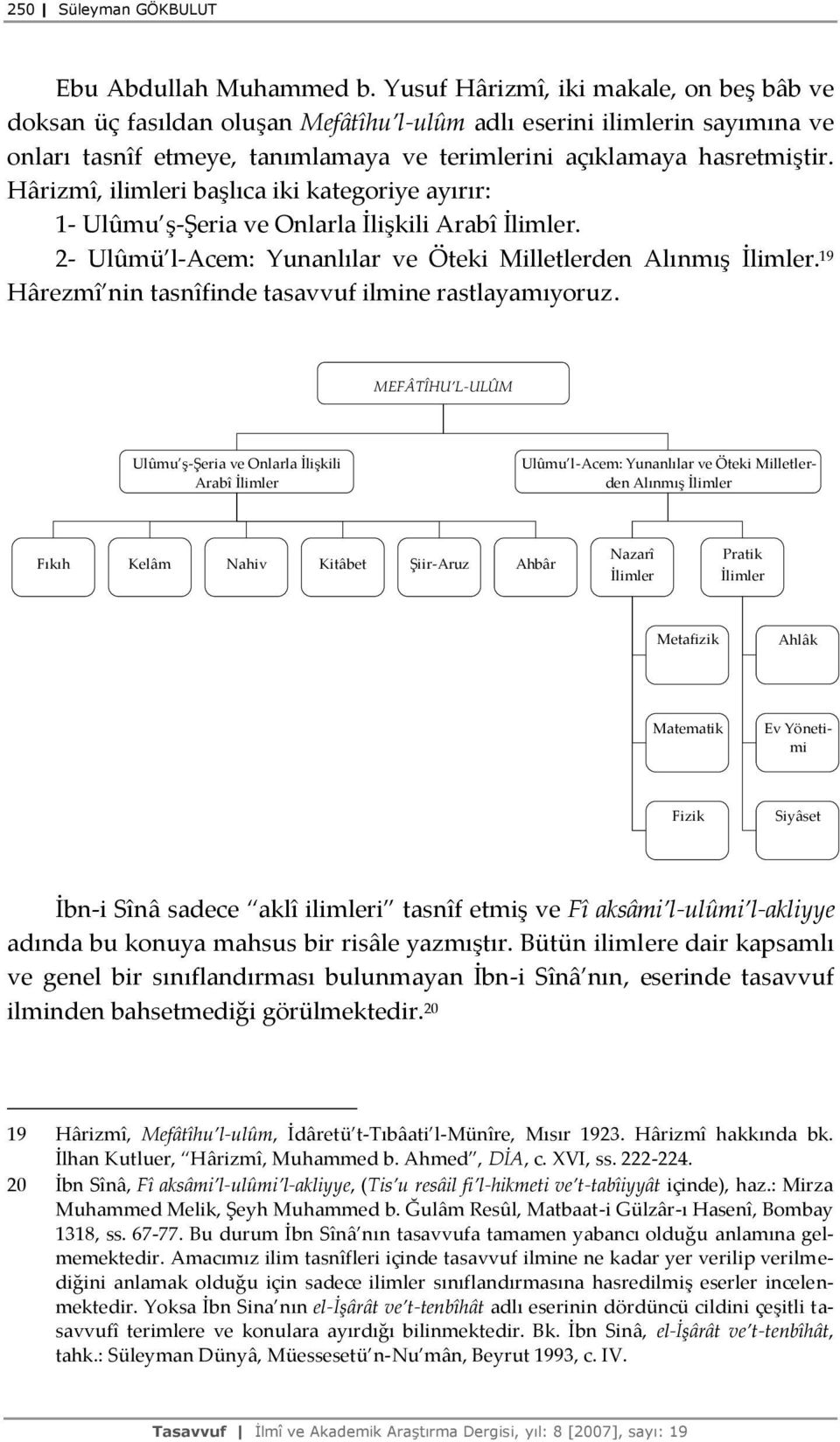 Hârizmî, ilimleri başlıca iki kategoriye ayırır: 1- Ulûmu ş-şeria ve Onlarla İlişkili Arabî İlimler. 2- Ulûmü l-acem: Yunanlılar ve Öteki Milletlerden Alınmış İlimler.