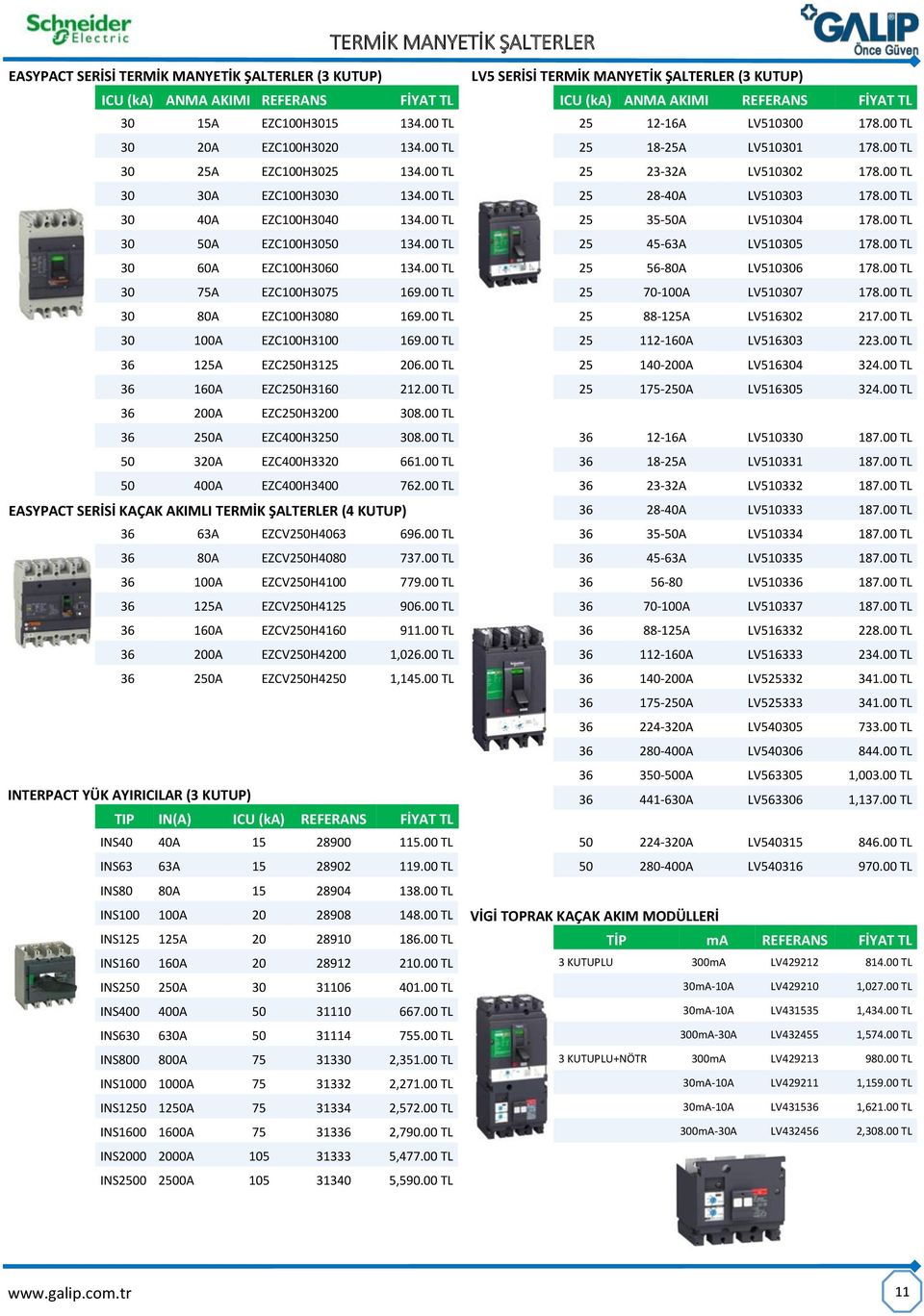 00 TL 30 100A EZC100H3100 169.00 TL 36 125A EZC250H3125 206.00 TL 36 160A EZC250H3160 212.00 TL 36 200A EZC250H3200 308.00 TL 36 250A EZC400H3250 308.00 TL 50 320A EZC400H3320 661.