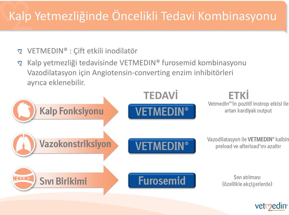 Kalp Fonksiyonu TEDAVİ VETMEDIN ETKİ Vetmedin in pozitif inotrop etkisi ile artan kardiyak output Vazokonstriksiyon