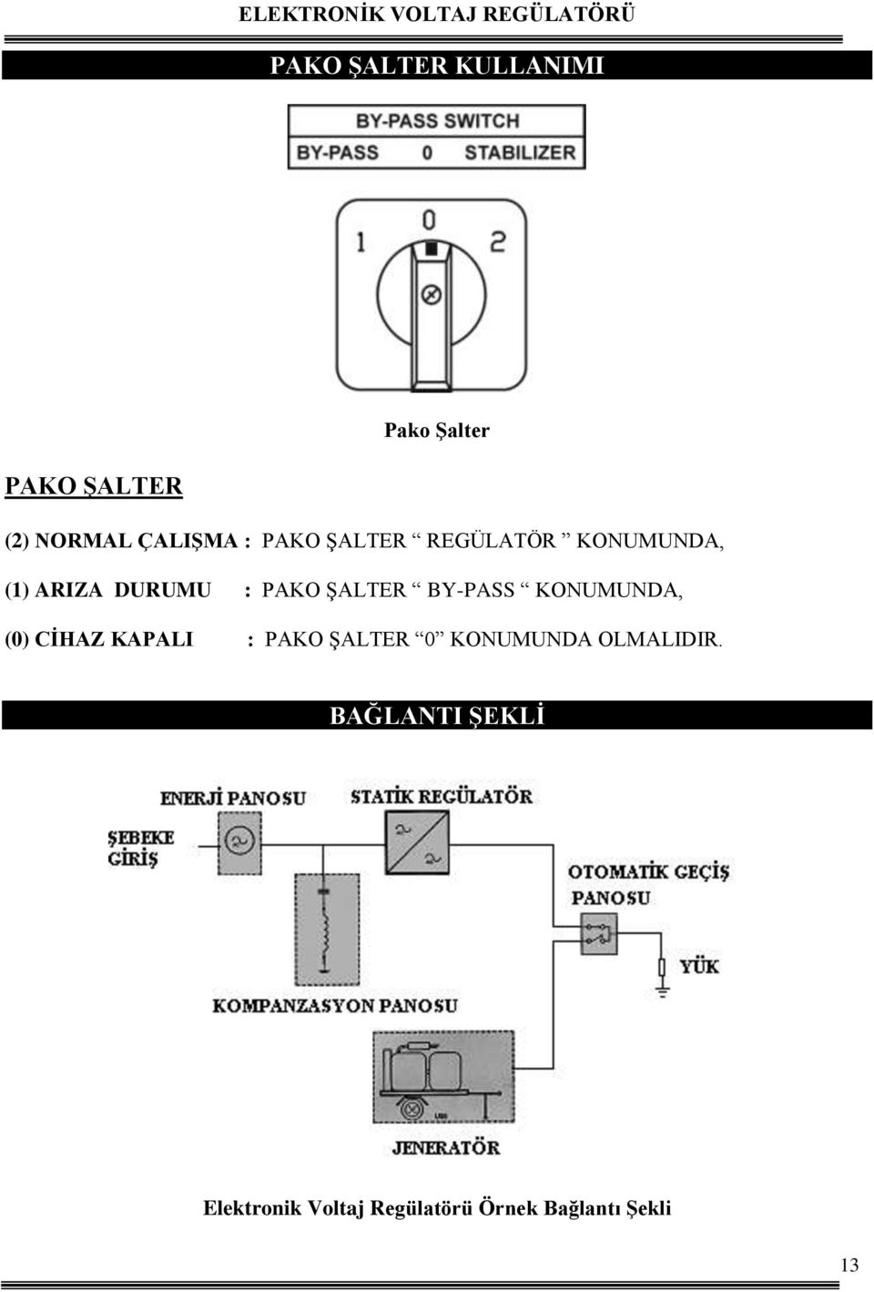 BY-PASS KONUMUNDA, (0) CİHAZ KAPALI : PAKO ŞALTER 0 KONUMUNDA