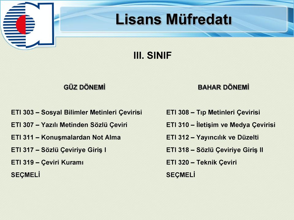 Metinden Sözlü Çeviri ETI 311 Konuşmalardan Not Alma ETI 317 Sözlü Çeviriye Giriş I ETI 319