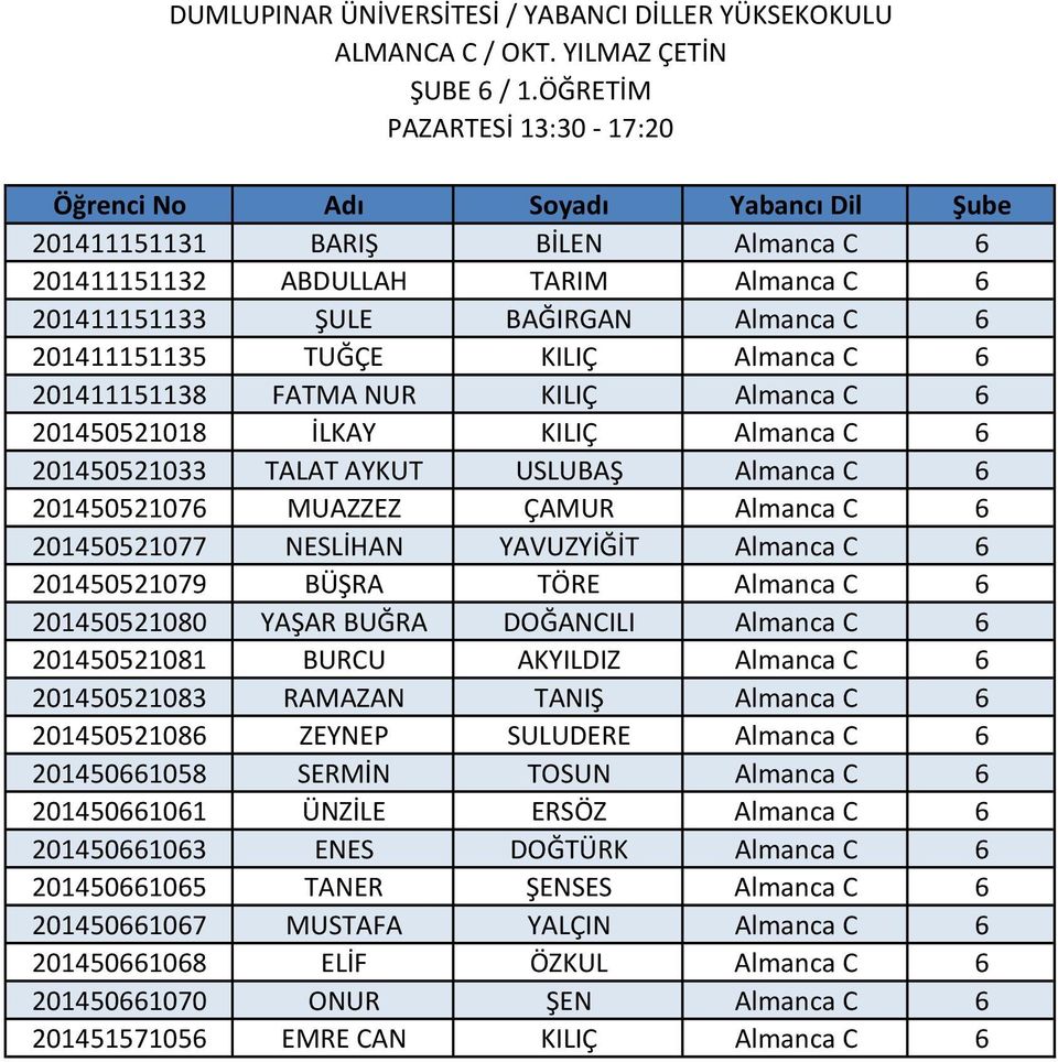 FATMA NUR KILIÇ Almanca C 6 201450521018 İLKAY KILIÇ Almanca C 6 201450521033 TALAT AYKUT USLUBAŞ Almanca C 6 201450521076 MUAZZEZ ÇAMUR Almanca C 6 201450521077 NESLİHAN YAVUZYİĞİT Almanca C 6