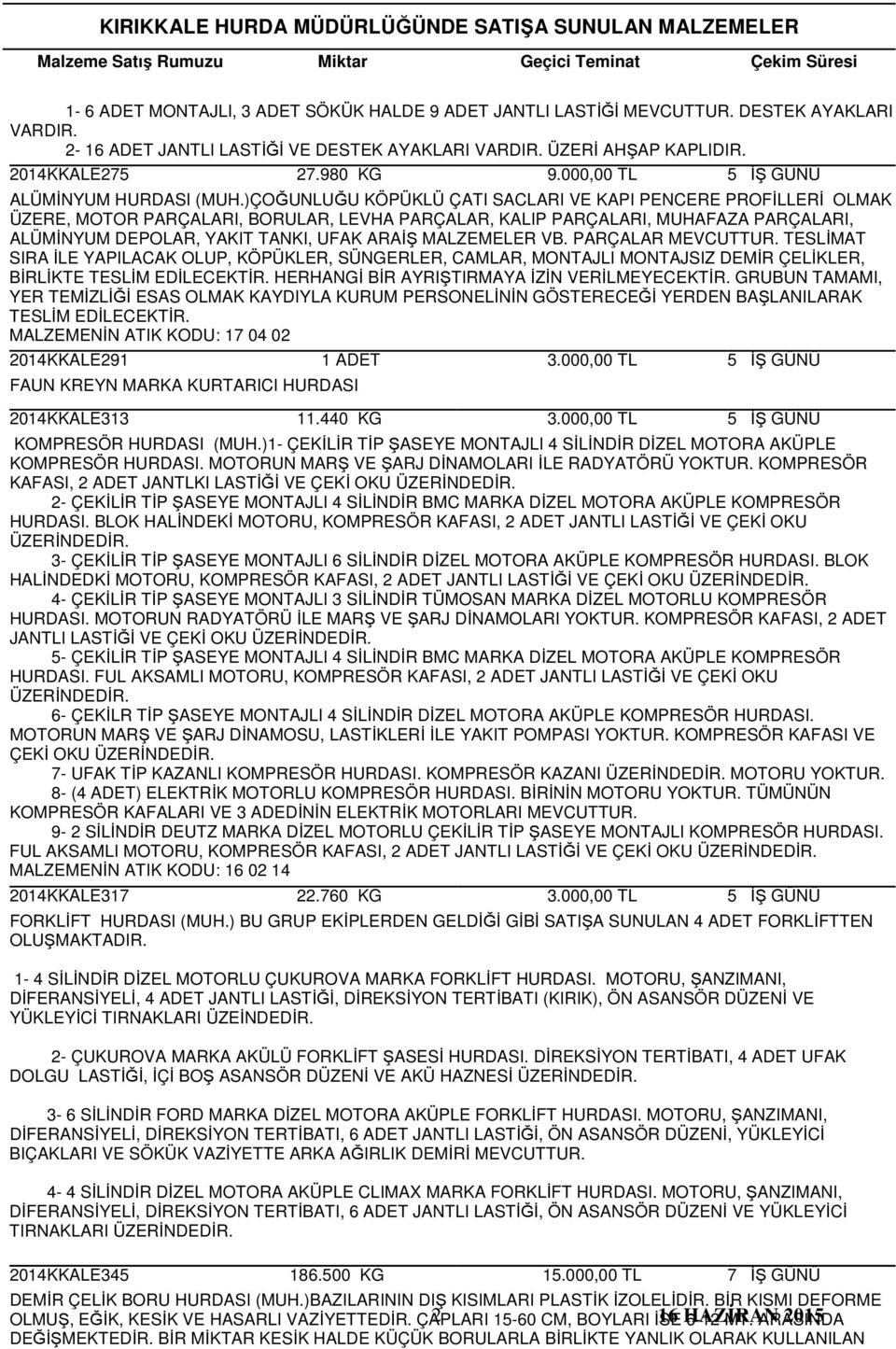 )ÇOĞUNLUĞU KÖPÜKLÜ ÇATI SACLARI VE KAPI PENCERE PROFİLLERİ OLMAK ÜZERE, MOTOR PARÇALARI, BORULAR, LEVHA PARÇALAR, KALIP PARÇALARI, MUHAFAZA PARÇALARI, ALÜMİNYUM DEPOLAR, YAKIT TANKI, UFAK ARAİŞ