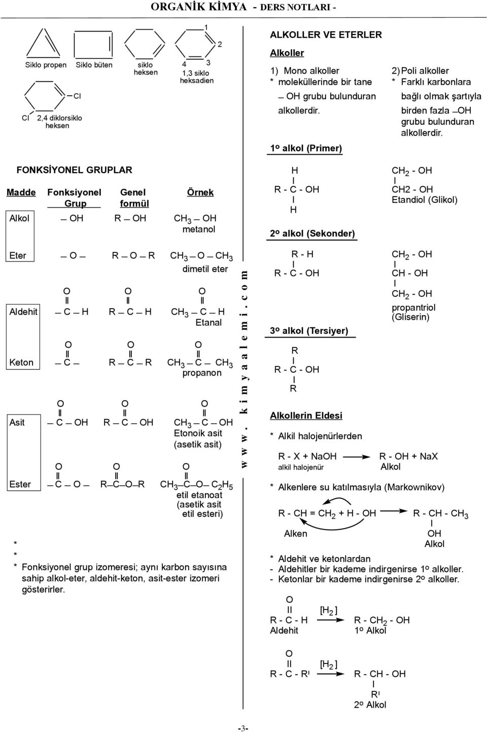 FNKSİYNEL GUPLA Madde Fonksiyonel Genel Örnek Grup formül Alkol 3 _ metanol - - 2 o alkol (Sekonder) 2-2 - Etandiol (Glikol) Eter _ 3 _ 3 dimetil eter 3 Etanal Keton 3 3 propanon Asit 3 Etonoik asit