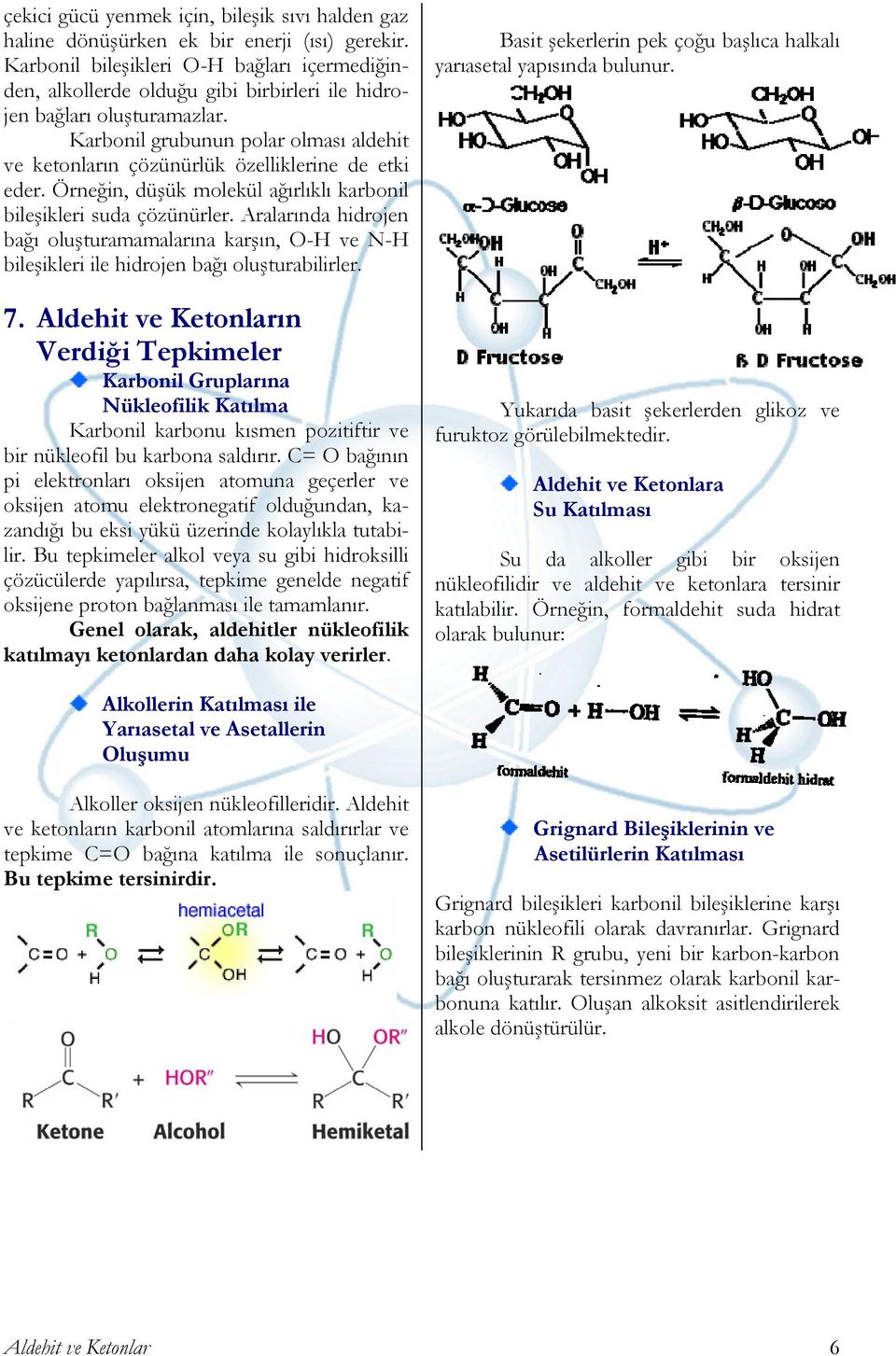 Karbonil grubunun polar olması aldehit ve ketonların çözünürlük özelliklerine de etki eder. Örneğin, düşük molekül ağırlıklı karbonil bileşikleri suda çözünürler.