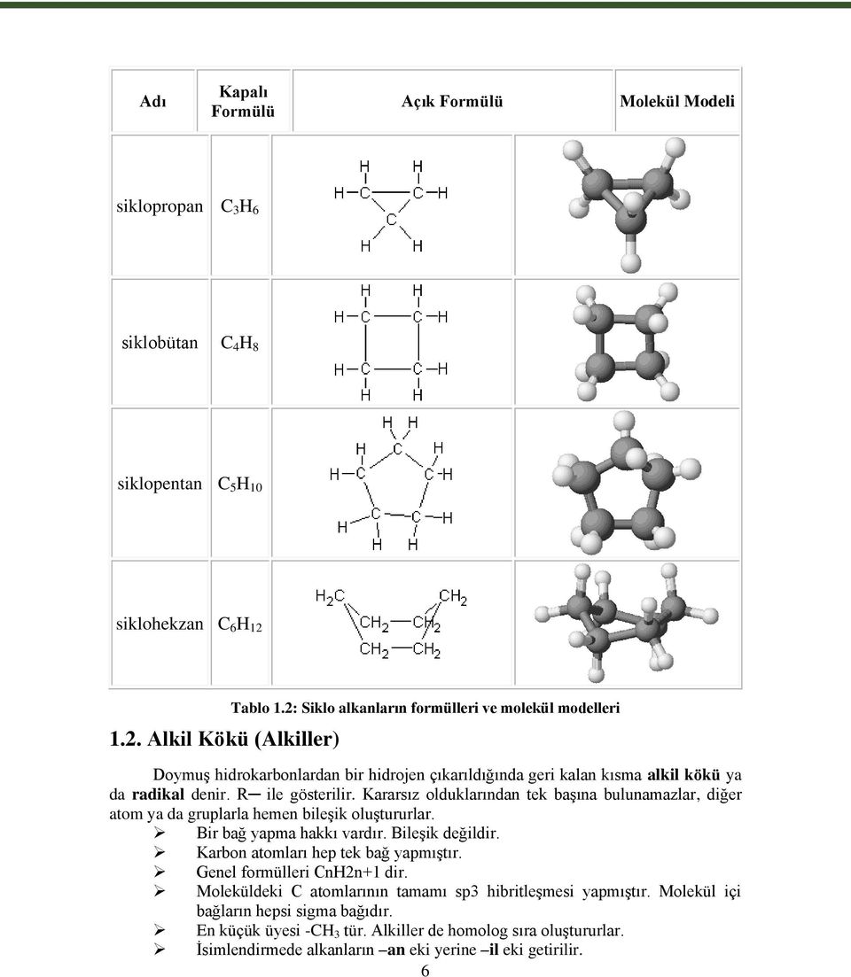 Kararsız olduklarından tek başına bulunamazlar, diğer atom ya da gruplarla hemen bileşik oluştururlar. Bir bağ yapma hakkı vardır. Bileşik değildir. Karbon atomları hep tek bağ yapmıştır.