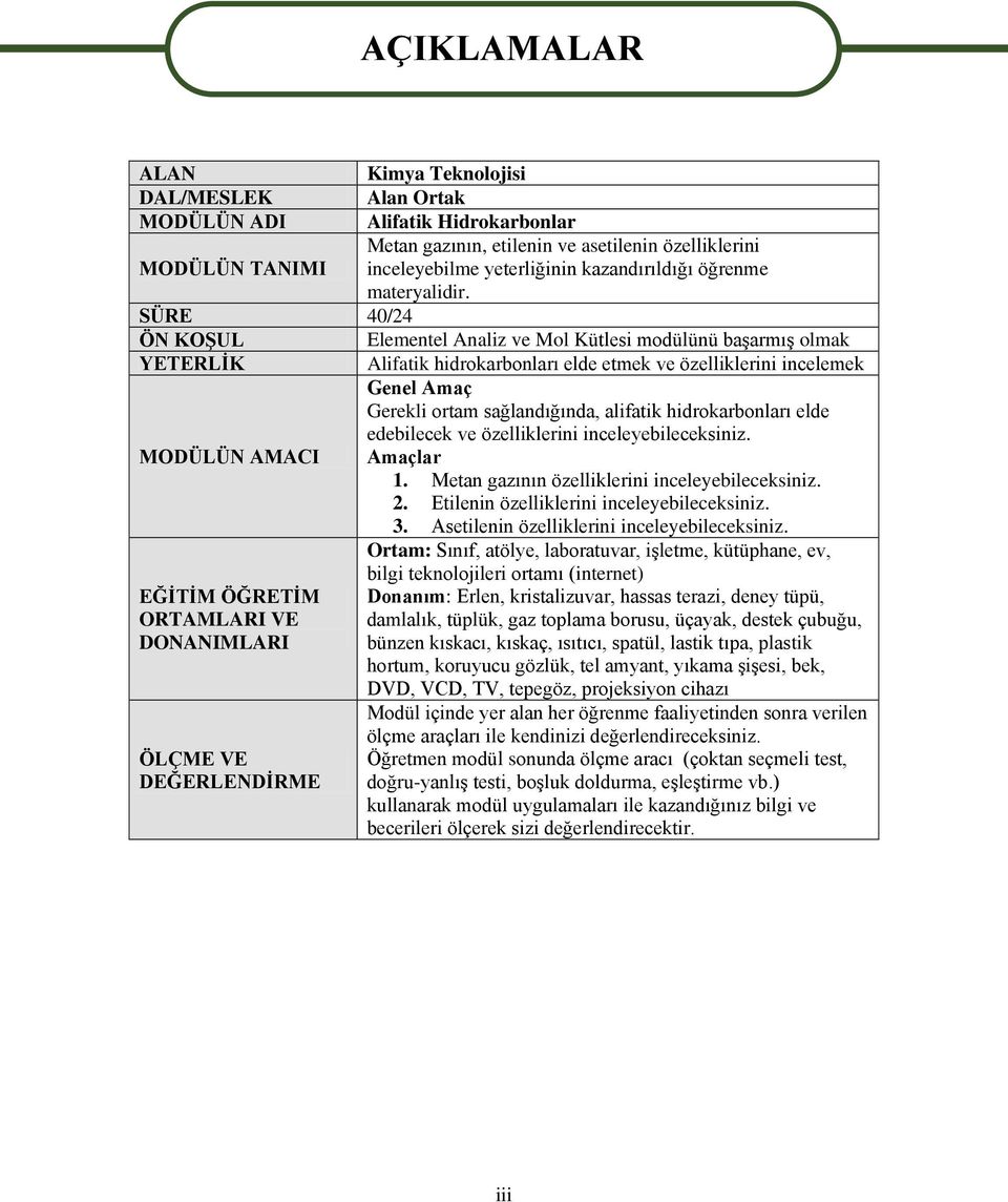 SÜRE 40/24 ÖN KOŞUL Elementel Analiz ve Mol Kütlesi modülünü başarmış olmak YETERLİK Alifatik hidrokarbonları elde etmek ve özelliklerini incelemek Genel Amaç Gerekli ortam sağlandığında, alifatik