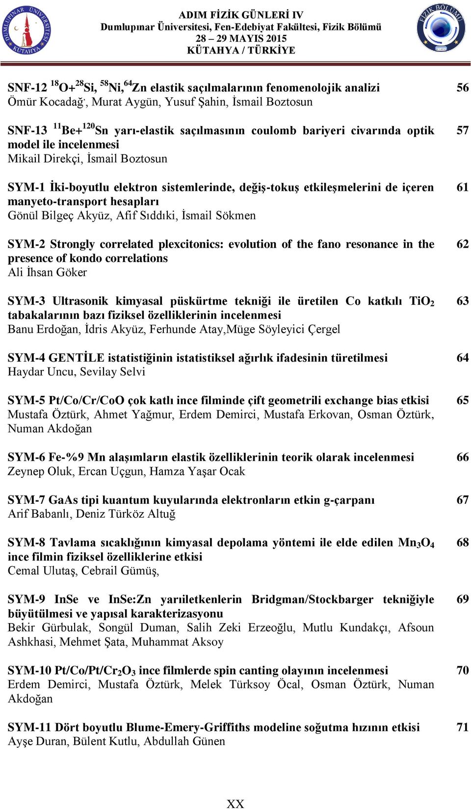 manyeto-transport hesapları Gönül Bilgeç Akyüz, Afif Sıddıki, İsmail Sökmen SYM-2 Strongly correlated plexcitonics: evolution of the fano resonance in the presence of kondo correlations Ali İhsan