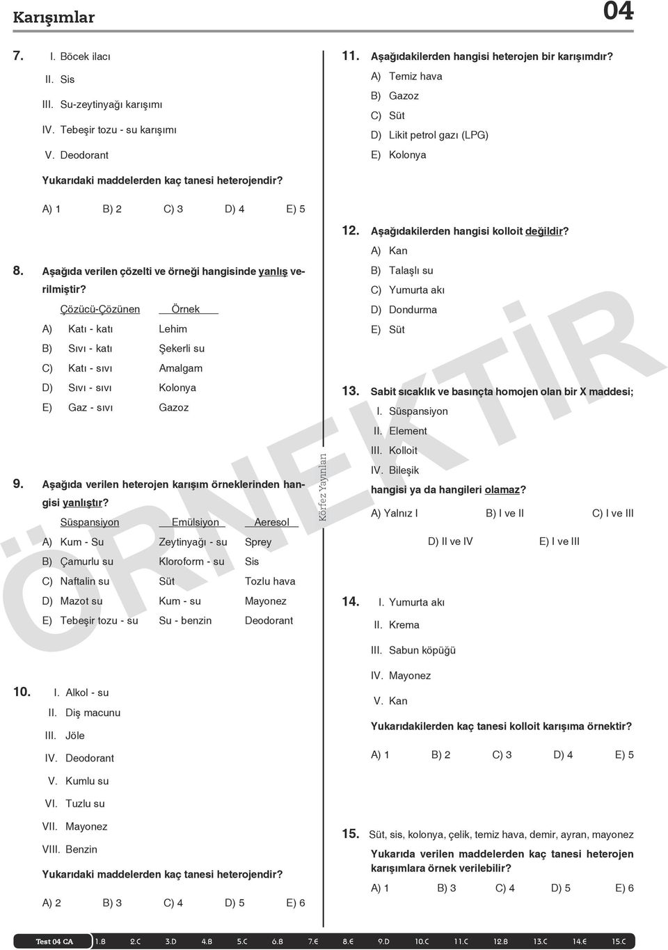 Aşağıda verilen çözelti ve örneği hangisinde yanlış verilmiştir?