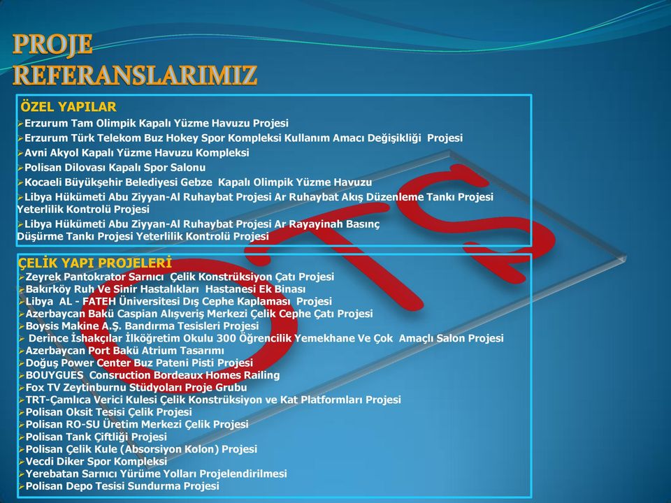 Libya Hükümeti Abu Ziyyan-Al Ruhaybat Projesi Ar Rayayinah Basınç Düşürme Tankı Projesi Yeterlilik Kontrolü Projesi ÇELİK YAPI PROJELERİ Zeyrek Pantokrator Sarnıcı Çelik Konstrüksiyon Çatı Projesi