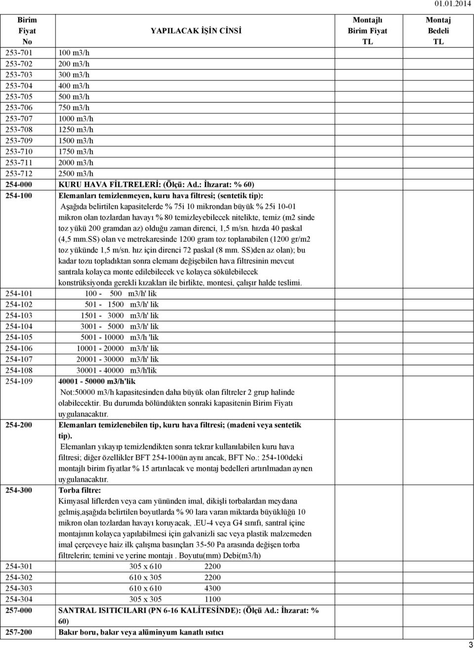 : İhzarat: % 60) Elemanları temizlenmeyen, kuru hava filtresi; (sentetik tip): Aşağıda belirtilen kapasitelerde % 75i 10 mikrondan büyük % 25i 10-01 mikron olan tozlardan havayı % 80 temizleyebilecek