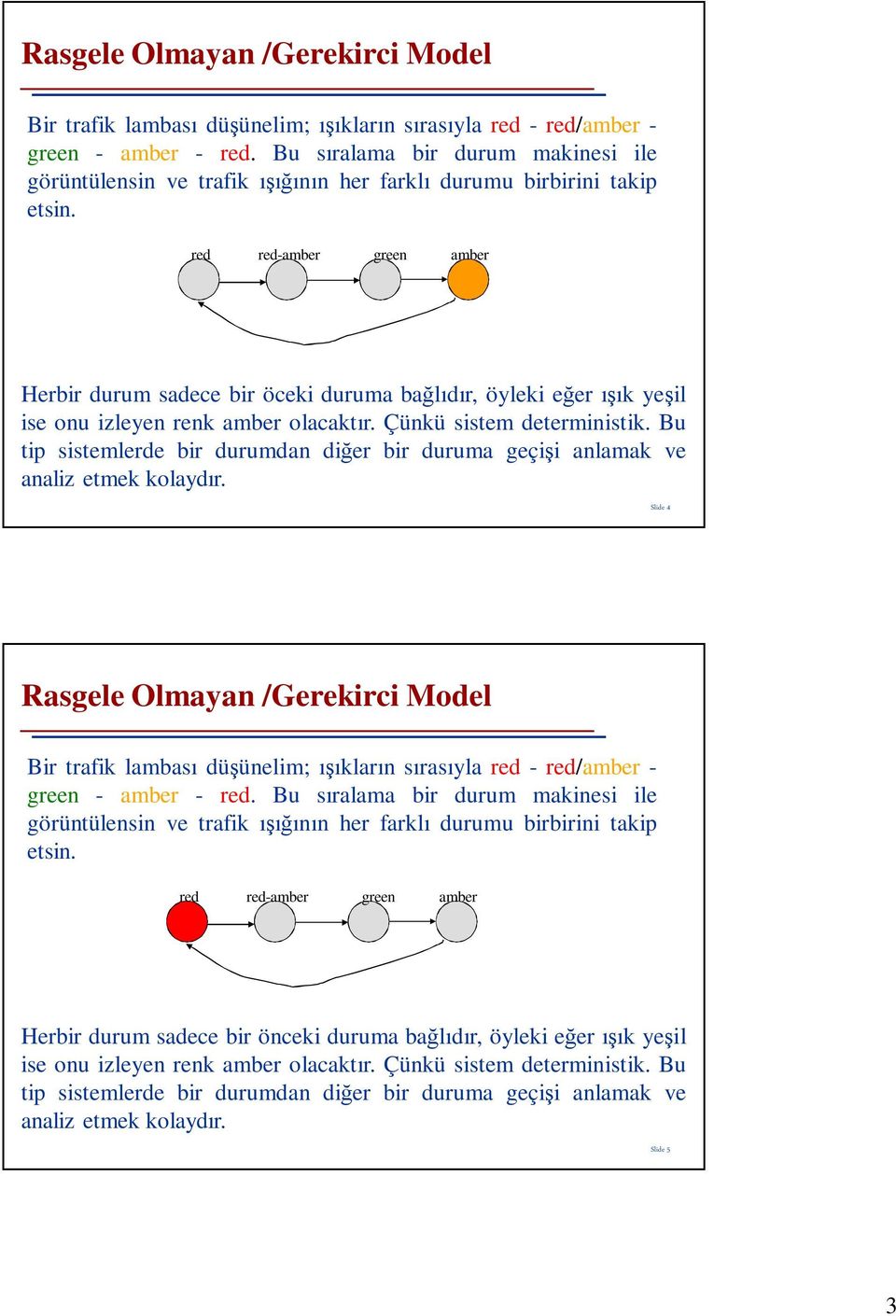 red red-amber green amber Herbir durum sadece bir öceki duruma bağlıdır, öyleki eğer ışık yeşil ise onu izleyen renk amber olacaktır. Çünkü sistem deterministik.