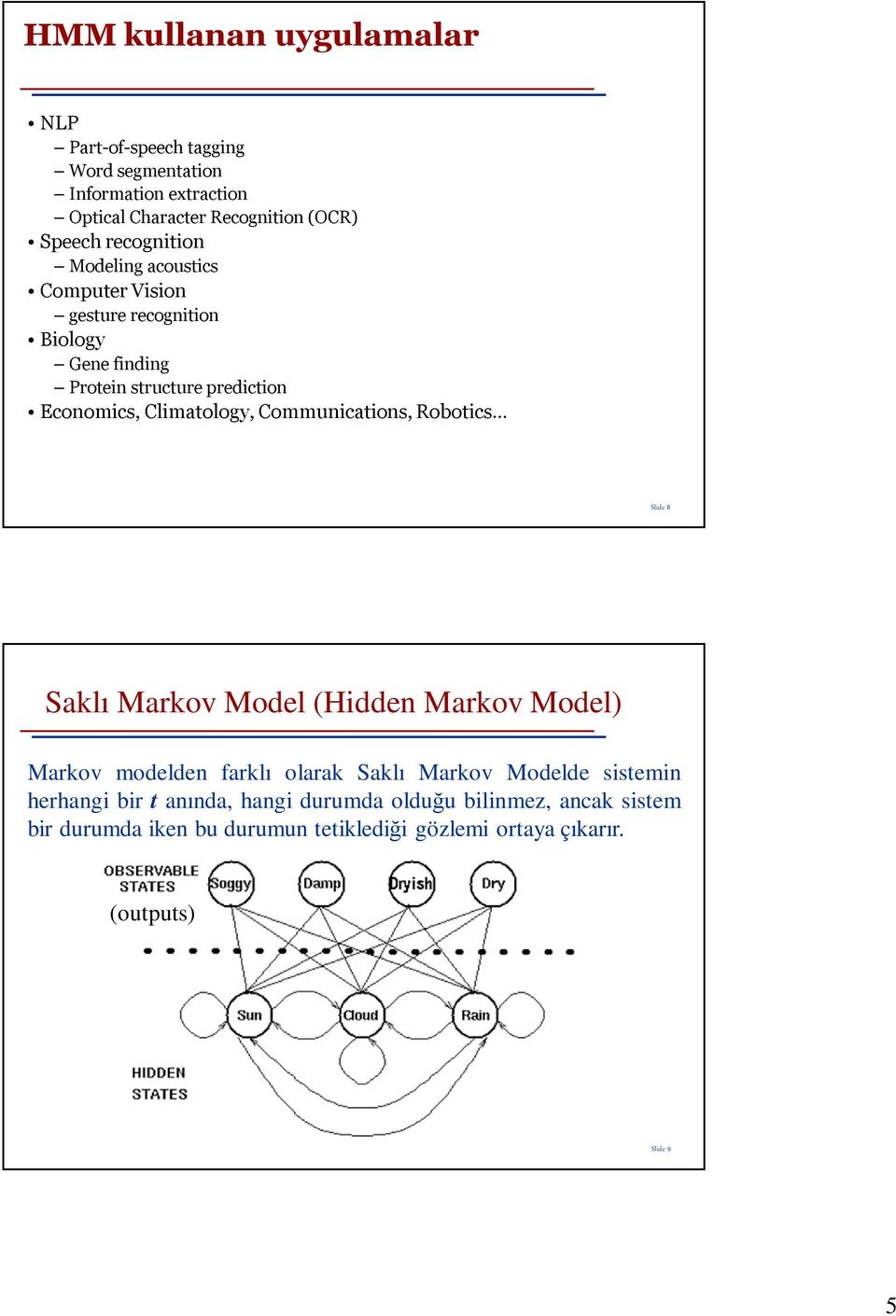 Communications, Robotics Slide 8 Saklı Markov Model (Hidden Markov Model) Markov modelden farklı olarak Saklı Markov Modelde sistemin