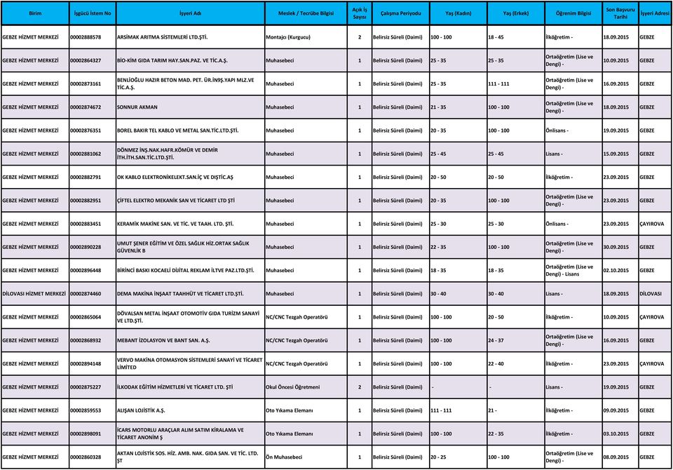 2015 GEBZE GEBZE HİZMET MERKEZİ 00002873161 BENLİOĞLU HAZIR BETON MAD. PET. ÜR.İN9Ş.YAPI MLZ.VE TİC.A.Ş. Muhasebeci 1 Belirsiz Süreli (Daimi) 25-35 111-111 16.09.