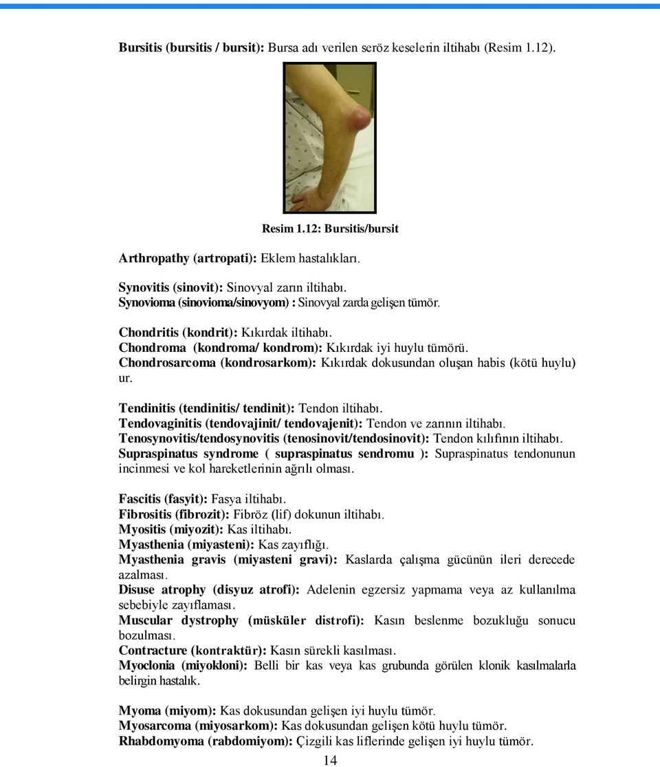 Chondroma (kondroma/ kondrom): Kıkırdak iyi huylu tümörü. Chondrosarcoma (kondrosarkom): Kıkırdak dokusundan oluģan habis (kötü huylu) ur. Tendinitis (tendinitis/ tendinit): Tendon iltihabı.