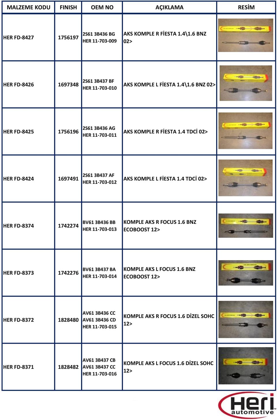 6 BNZ ECOBOOST 12> HER FD-8373 1742276 BV61 3B437 BA HER 11-703-014 KOMPLE AKS L FOCUS 1.