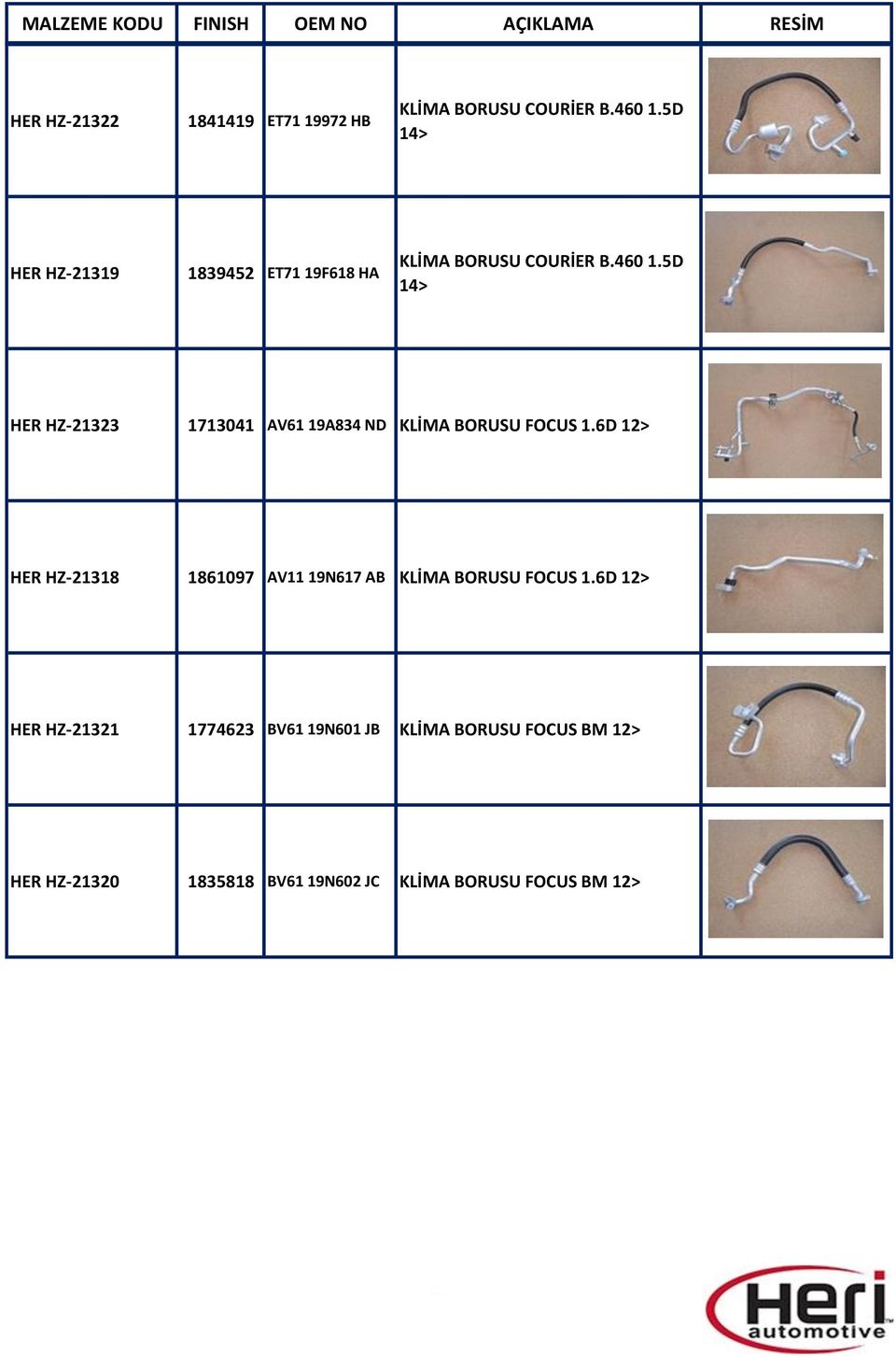 5D 14> HER HZ-21323 1713041 AV61 19A834 ND KLİMA BORUSU FOCUS 1.