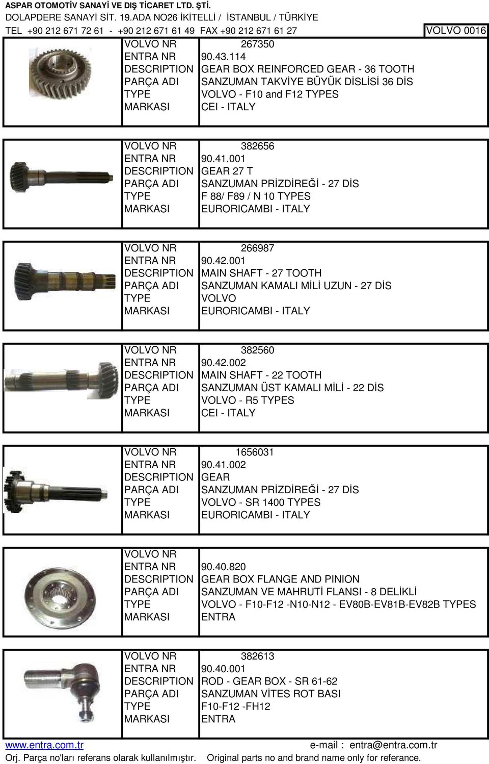 001 DESCRIPTION GEAR 27 T PARÇA ADI SANZUMAN PRİZDİREĞİ - 27 DİS TYPE F 88/ F89 / N 10 TYPES EURORICAMBI - ITALY VOLVO NR 266987 ENTRA NR 90.42.