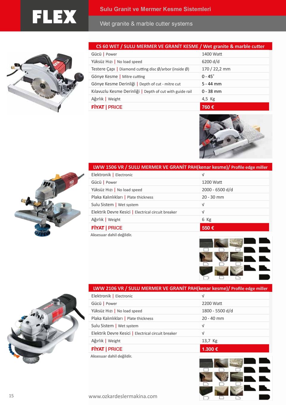 1506 VR / SULU MERMER VE GRANİT PAH(kenar kesme)/ Profile edge miller Elektronik Electronic 1200 Watt 2000-6500 d/d Plaka Kalınlıkları Plate thickness 20-30 Sulu Sistem Wet system Elektrik Devre