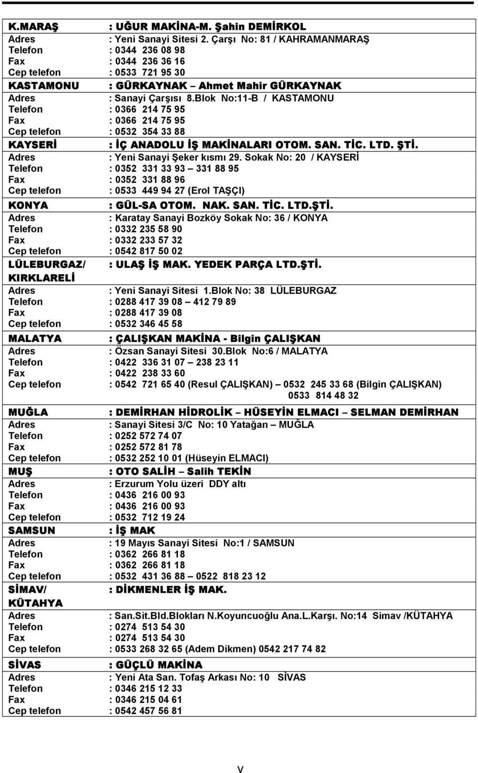 Blok No:11-B / KASTAMONU Telefon : 0366 214 75 95 Fax : 0366 214 75 95 Cep telefon : 0532 354 33 88 KAYSERİ : İÇ ANADOLU İŞ MAKİNALARI OTOM. SAN. TİC. LTD. ŞTİ. Adres : Yeni Sanayi Şeker kısmı 29.