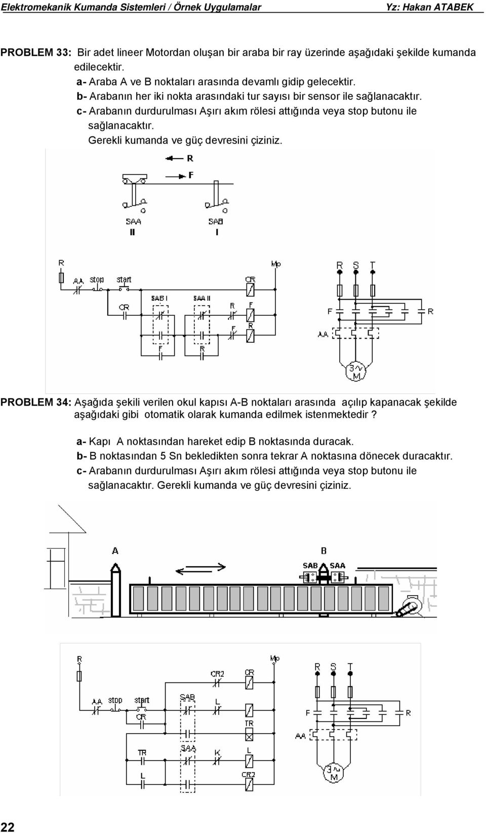 Gerekli kumanda ve güç devresini çiziniz. PROBLEM 34: Aşağıda şekili verilen okul kapısı A-B noktaları arasında açılıp kapanacak şekilde aşağıdaki gibi otomatik olarak kumanda edilmek istenmektedir?