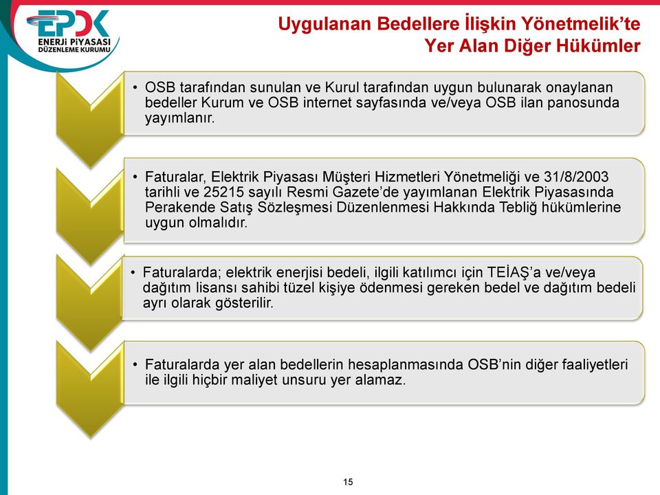 Faturalar, Elektrik Piyasası Müşteri Hizmetleri Yönetmeliği ve 31/8/2003 tarihli ve 25215 sayılı Resmi Gazete de yayımlanan Elektrik Piyasasında Perakende Satış Sözleşmesi Düzenlenmesi