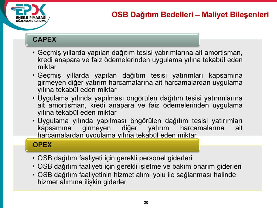 yatırımlarına ait amortisman, kredi anapara ve faiz ödemelerinden uygulama yılına tekabül eden miktar Uygulama yılında yapılması öngörülen dağıtım tesisi yatırımları kapsamına girmeyen diğer yatırım