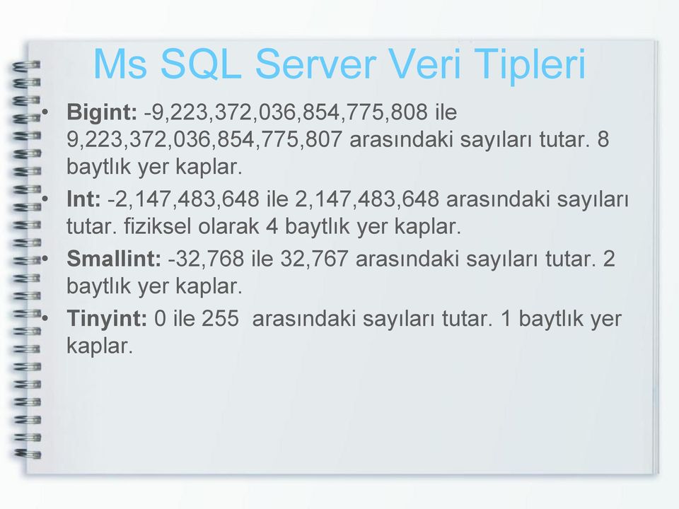 Int: -2,147,483,648 ile 2,147,483,648 arasındaki sayıları tutar.