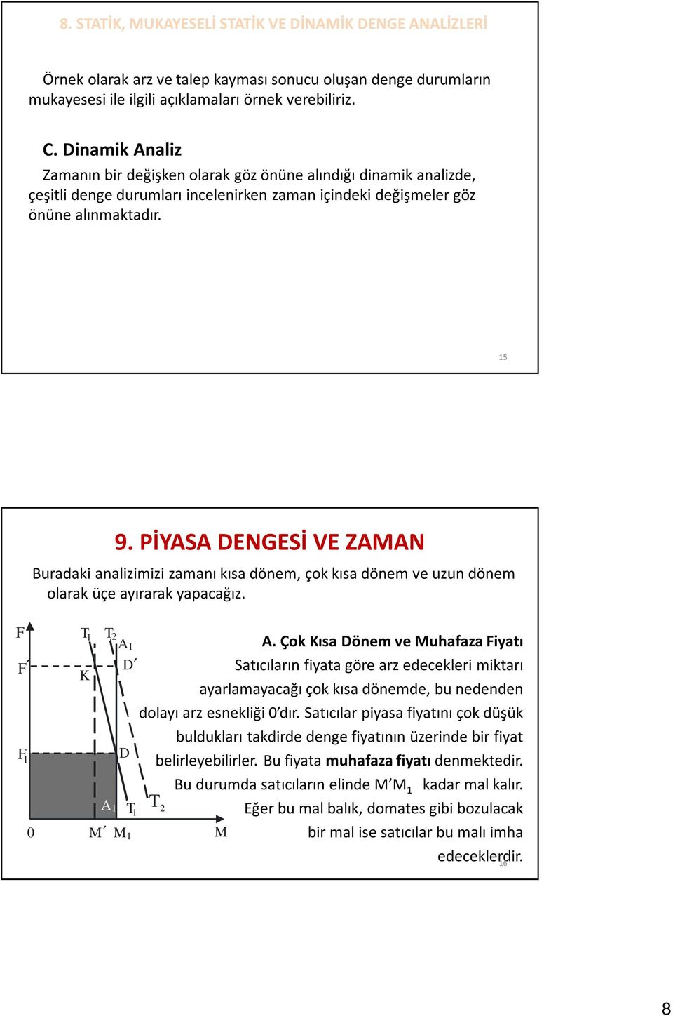 PİYASA DENGESİ VE ZAMAN Buradaki analizimizi zamanı kısa dönem, çok kısa dönem ve uzun dönem olarak üçe ayırarak yapacağız. F T 1 T 2A1 A.