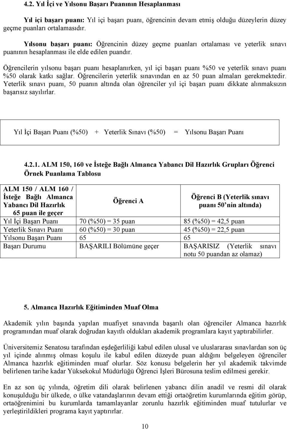 Öğrencilerin yılsonu başarı puanı hesaplanırken, yıl içi başarı puanı %50 ve yeterlik sınavı puanı %50 olarak katkı sağlar. Öğrencilerin yeterlik sınavından en az 50 puan almaları gerekmektedir.