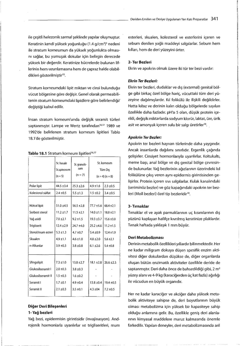 Keratinize hücrelerde bulunan liflerinin hem uzunlamasına hem de çapraz halde olabildikleri gösterilmiştir 15. Stratum korneumdaki lipit miktarı ve cinsi bulunduğu vücut bölgesine göre değişir.