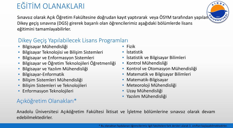 Dikey Geçiş Yapılabilecek Lisans Programları Bilgisayar Mühendisliği Bilgisayar Teknolojisi ve Bilişim Sistemleri Bilgisayar ve Enformasyon Sistemleri Bilgisayar ve Öğretim Teknolojileri Öğretmenliği