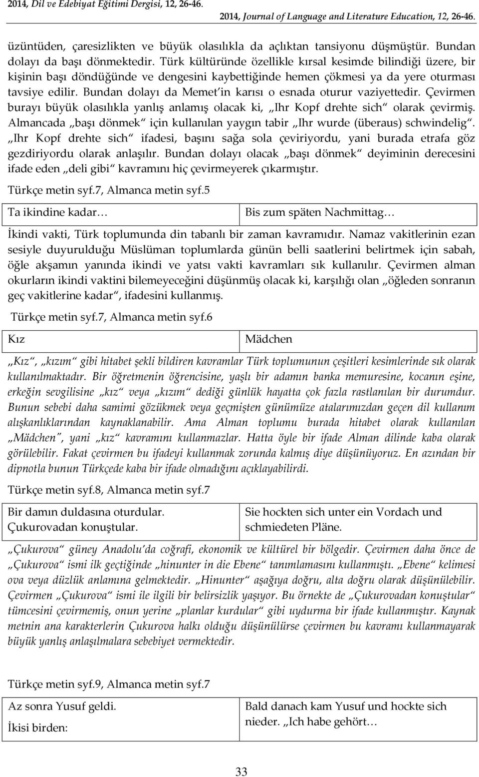 Bundan dolayı da Memet in karısı o esnada oturur vaziyettedir. Çevirmen burayı büyük olasılıkla yanlış anlamış olacak ki, Ihr Kopf drehte sich olarak çevirmiş.