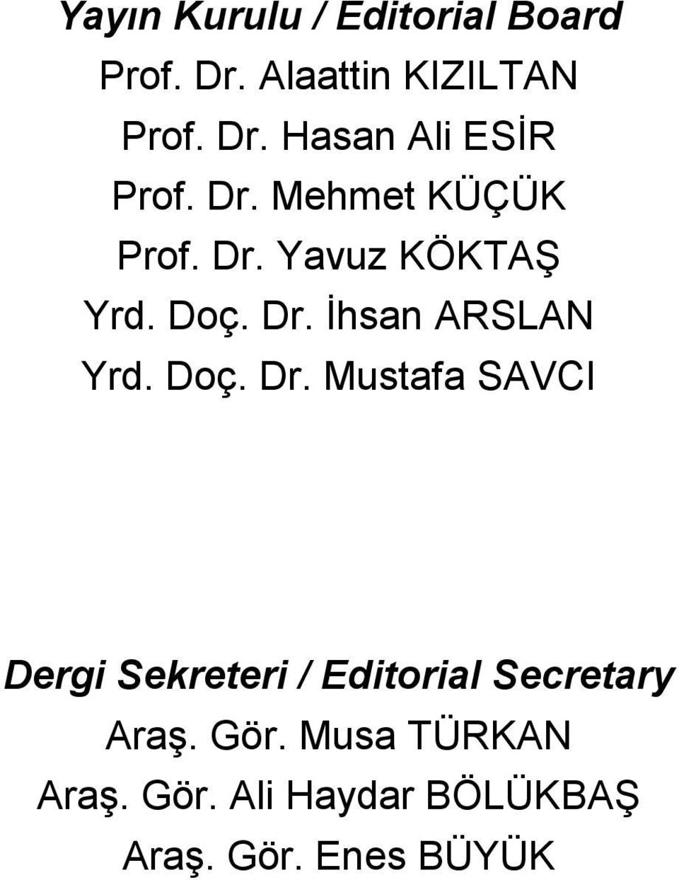 Doç. Dr. Mustafa SAVCI Dergi Sekreteri / Editorial Secretary Araş. Gör.