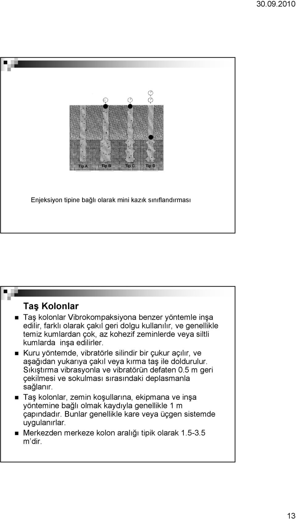 Kuru yöntemde, vibratörle silindir bir çukur açılır, ve aşağıdan yukarıya çakıl veya kırma taş ile doldurulur. Sıkıştırma vibrasyonla ve vibratörün defaten 0.