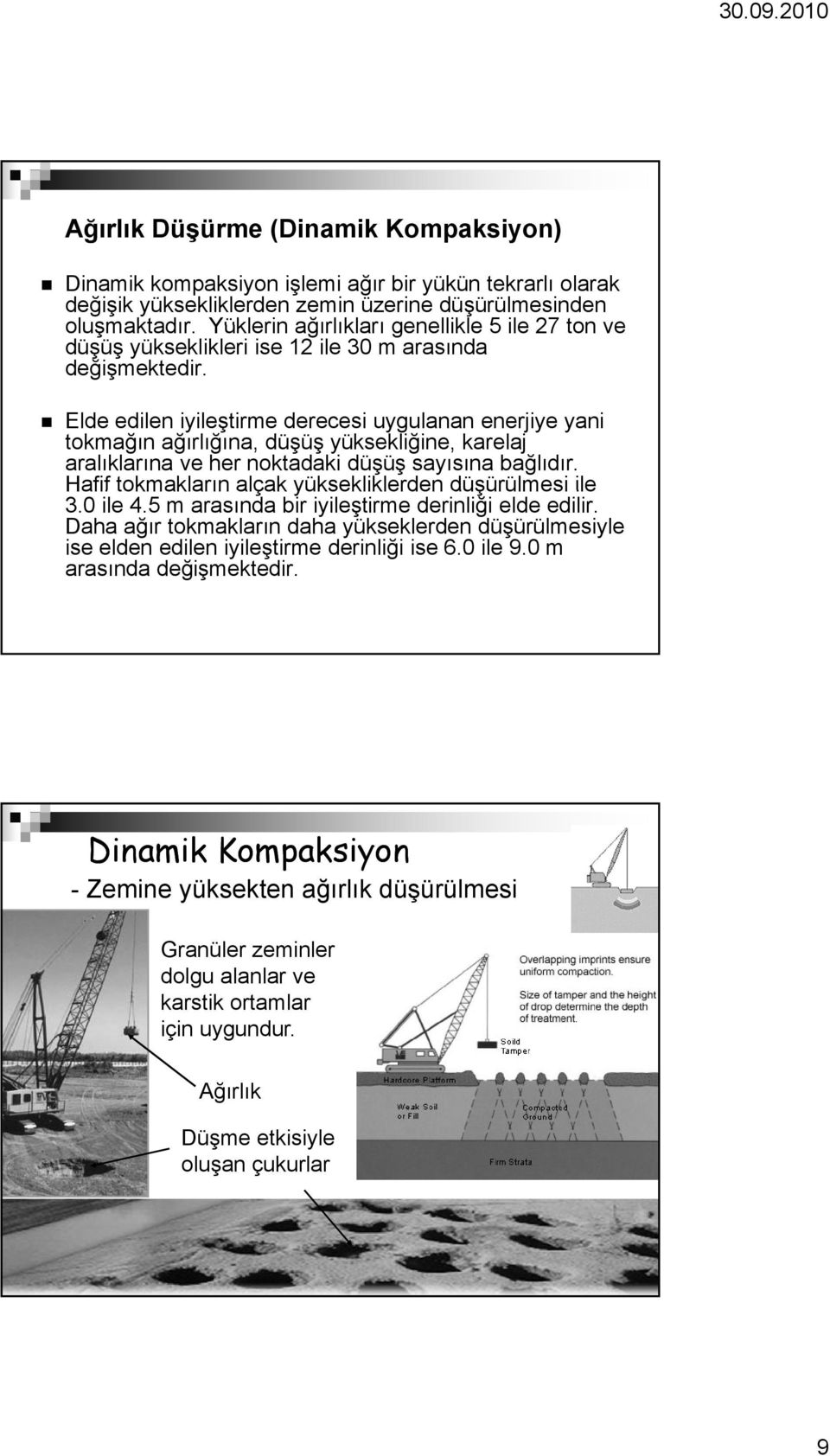 Elde edilen iyileştirme derecesi uygulanan enerjiye yani tokmağın ağırlığına, düşüş yüksekliğine, karelaj aralıklarına ve her noktadaki düşüş sayısına bağlıdır.