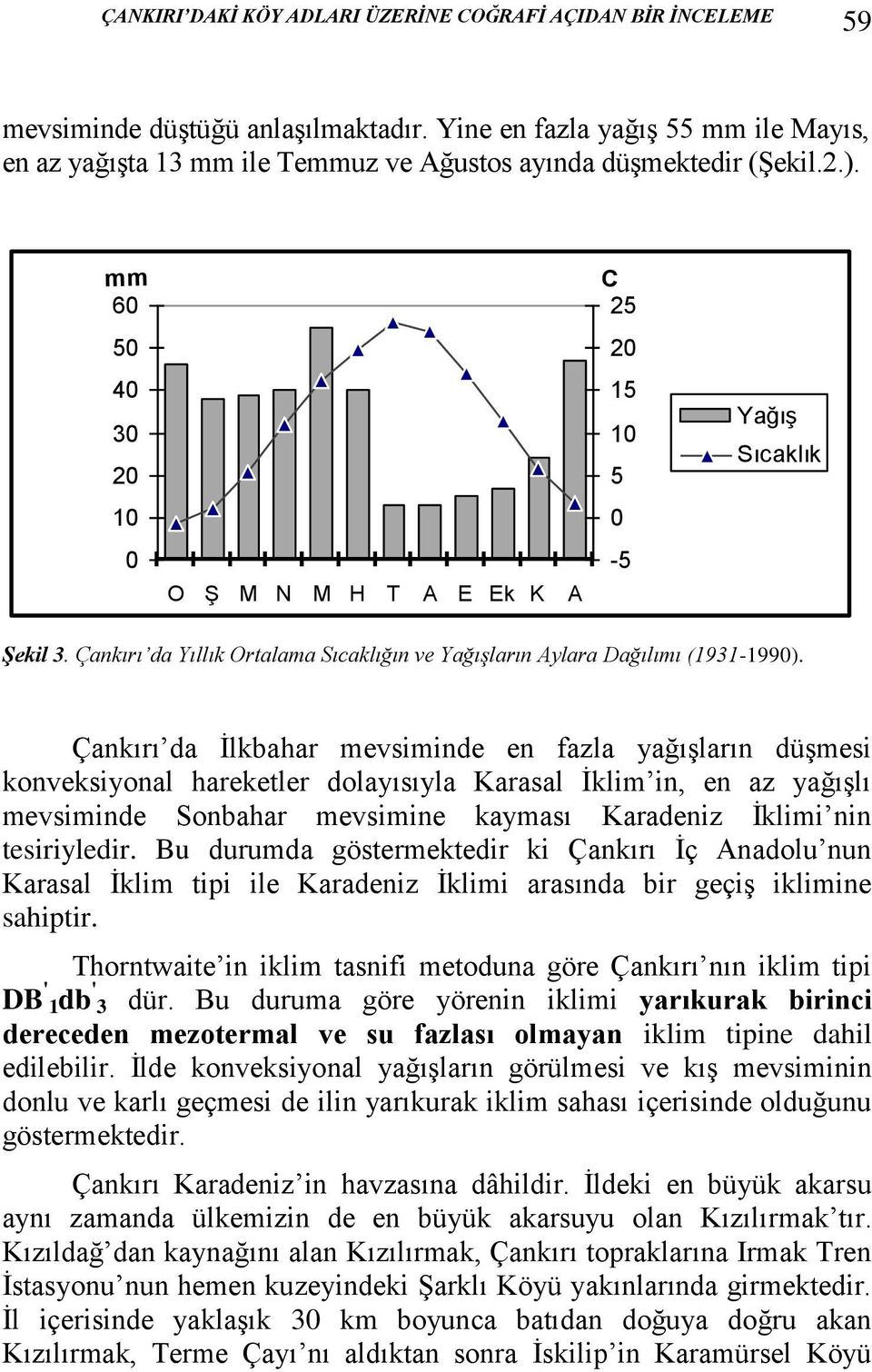 mm 60 50 40 30 20 10 0 O Ş M N M H T A E Ek K A C 25 20 15 10 5 0-5 Yağış Sıcaklık Şekil 3. Çankırı da Yıllık Ortalama Sıcaklığın ve Yağışların Aylara Dağılımı (1931-1990).