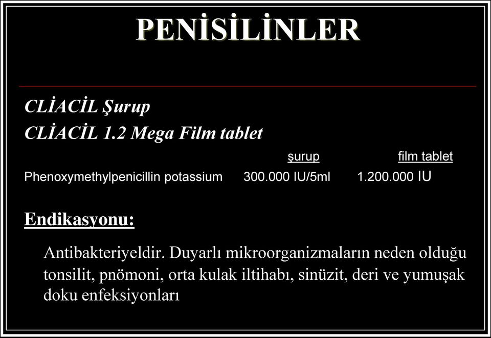 300.000 IU/5ml 1.200.000 IU Endikasyonu: Antibakteriyeldir.