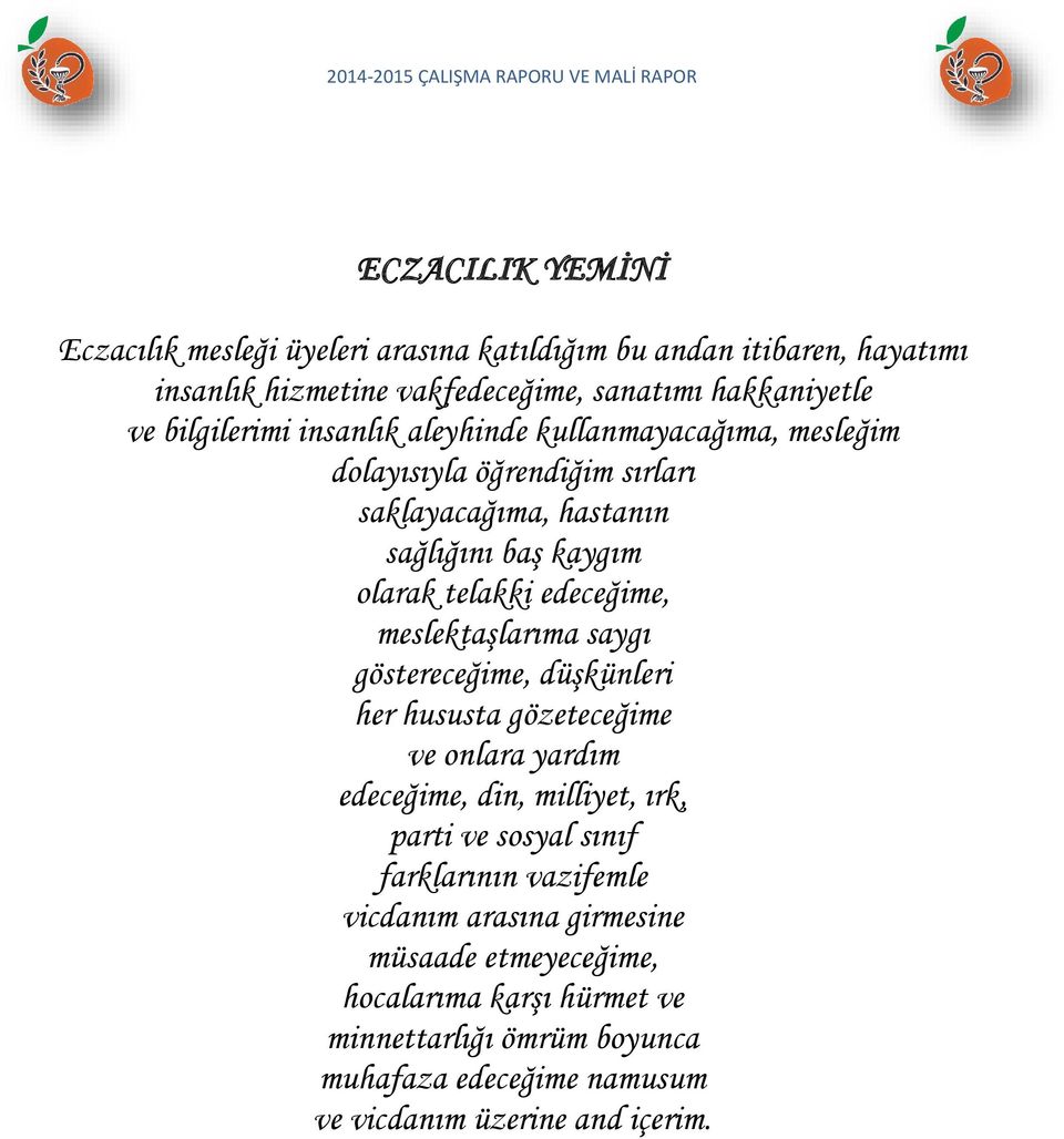 edeceğime, meslektaşlarıma saygı göstereceğime, düşkünleri her hususta gözeteceğime ve onlara yardım edeceğime, din, milliyet, ırk, parti ve sosyal sınıf