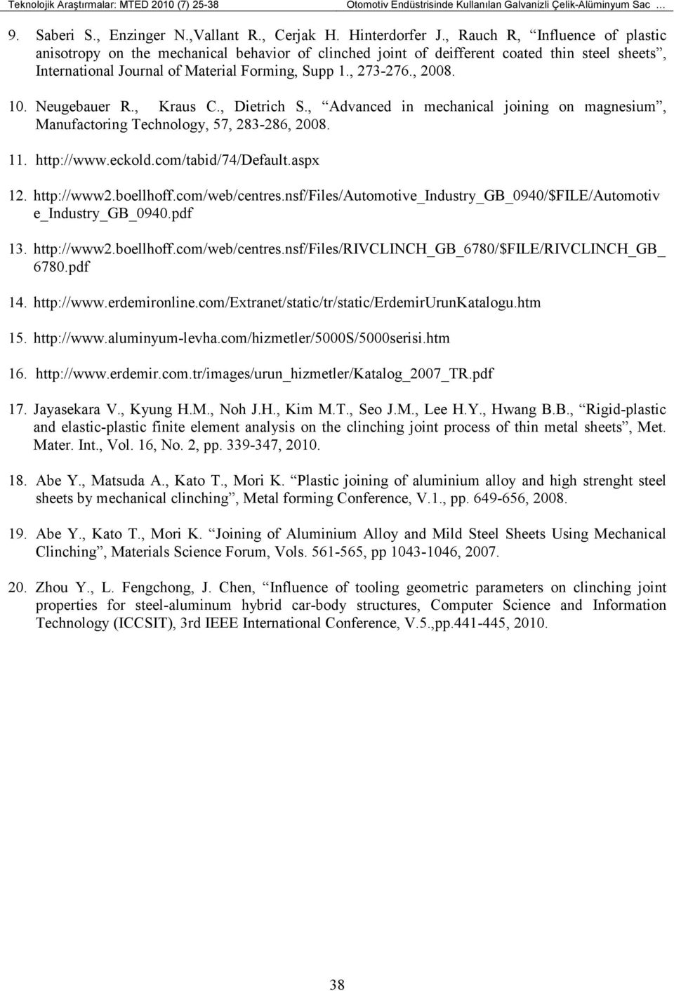 Neugebauer R., Kraus C., Dietrich S., Advanced in mechanical joining on magnesium, Manufactoring Technology, 57, 283-286, 2008. 11. http://www.eckold.com/tabid/74/default.aspx 12. http://www2.