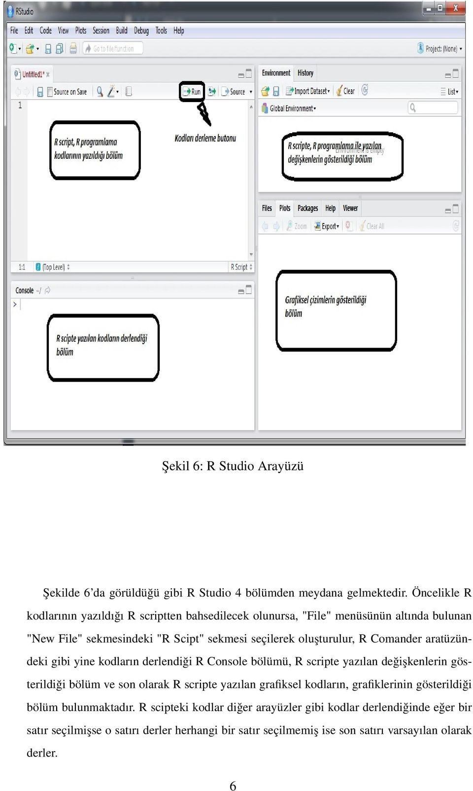 oluşturulur, R Comander aratüzündeki gibi yine kodların derlendiği R Console bölümü, R scripte yazılan değişkenlerin gösterildiği bölüm ve son olarak R scripte