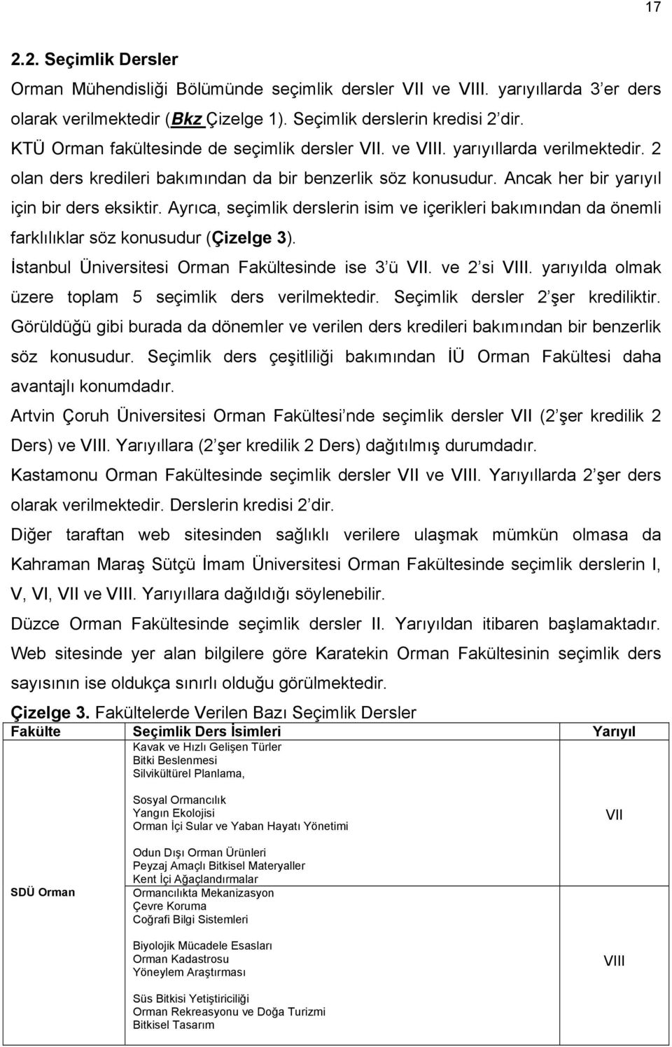 Ayrıca, seçimlik derslerin isim ve içerikleri bakımından da önemli farklılıklar söz konusudur (Çizelge 3). İstanbul Üniversitesi Orman Fakültesinde ise 3 ü VII. ve 2 si VIII.