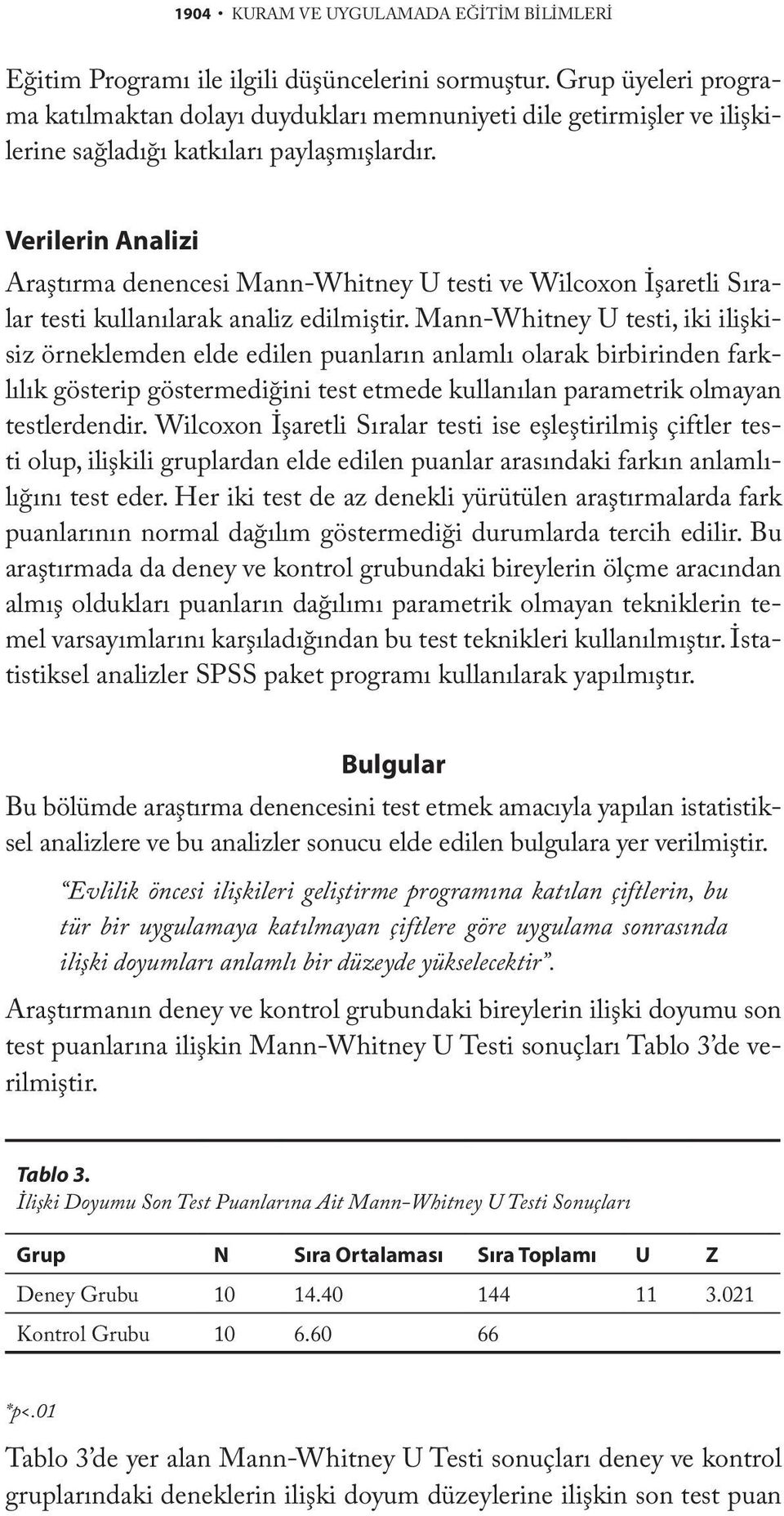 Verilerin Analizi Araştırma denencesi Mann-Whitney U testi ve Wilcoxon İşaretli Sıralar testi kullanılarak analiz edilmiştir.