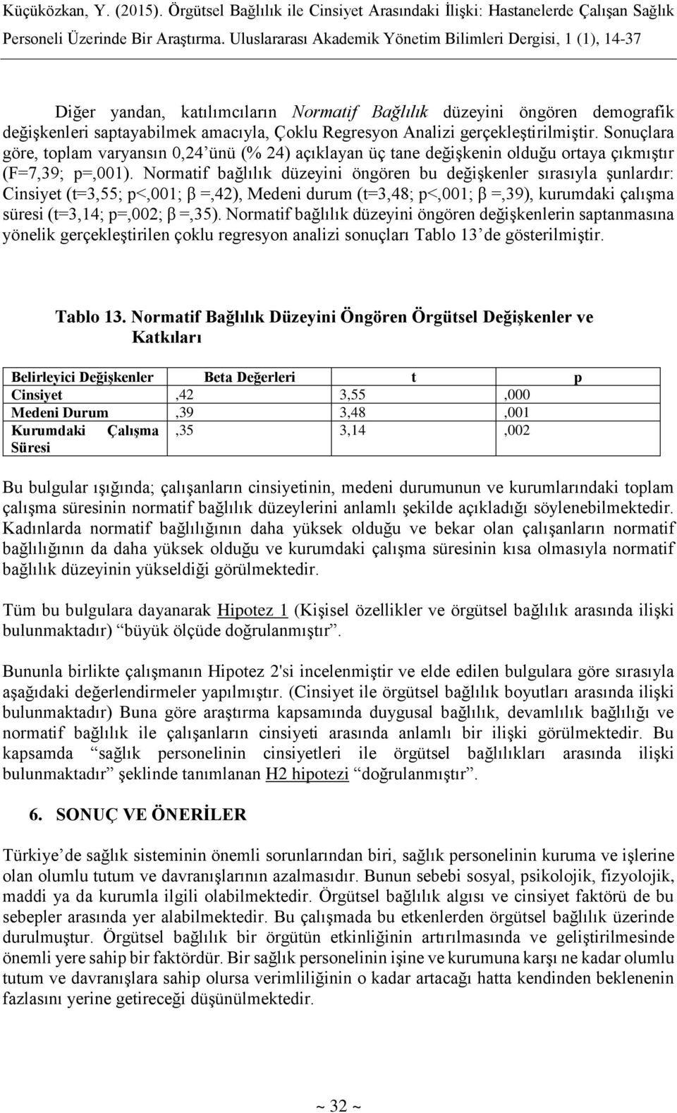 Normatif bağlılık düzeyini öngören bu değişkenler sırasıyla şunlardır: Cinsiyet (t=3,55; p<,001; β =,42), Medeni durum (t=3,48; p<,001; β =,39), kurumdaki çalışma süresi (t=3,14; p=,002; β =,35).