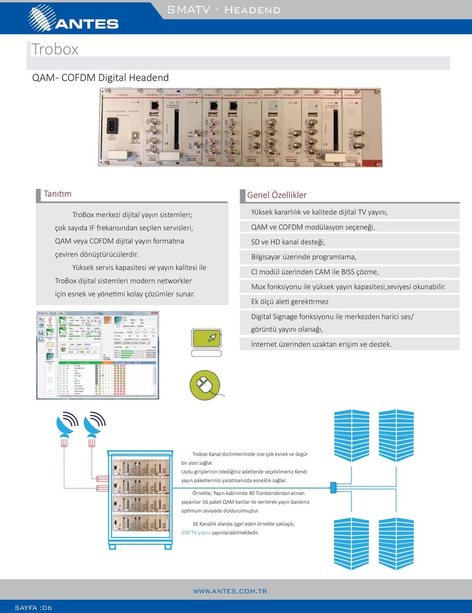 Yüksek kararlılık ve kalitede dijital TV yayını, QAM ve COFDM modülasyon seçeneği, SD ve HD kanal desteği, Bilgisayar üzerinde programlama, CI modül üzerinden CAM ile BISS çözme, Mux fonksiyonu ile