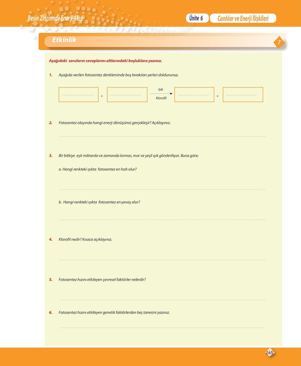 3. Bir bitkiye eşit miktarda ve zamanda kırmızı, mor ve yeşil ışık gönderiliyor. Buna göre; a. Hangi renkteki ışıkta fotosentez en hızlı olur? b. Hangi renkteki ışıkta fotosentez en yavaş olur?